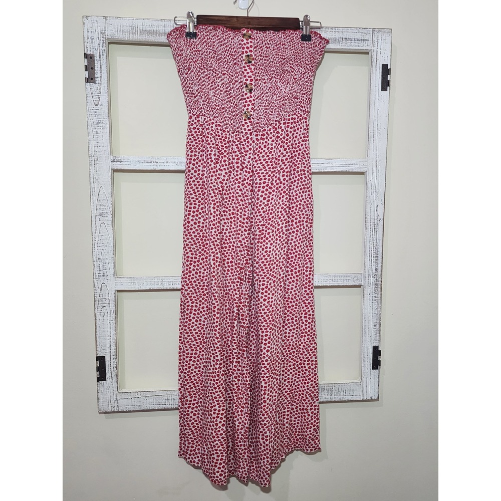 Angashion Womens Strapless Smocked Floral Wide Leg Jumpsuit Red White Small - Picture 2 of 7